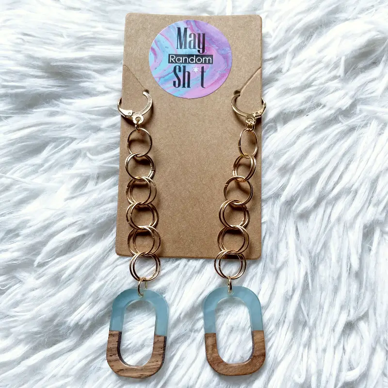 21090-mia Pendientes largos de madera y resina azul.
